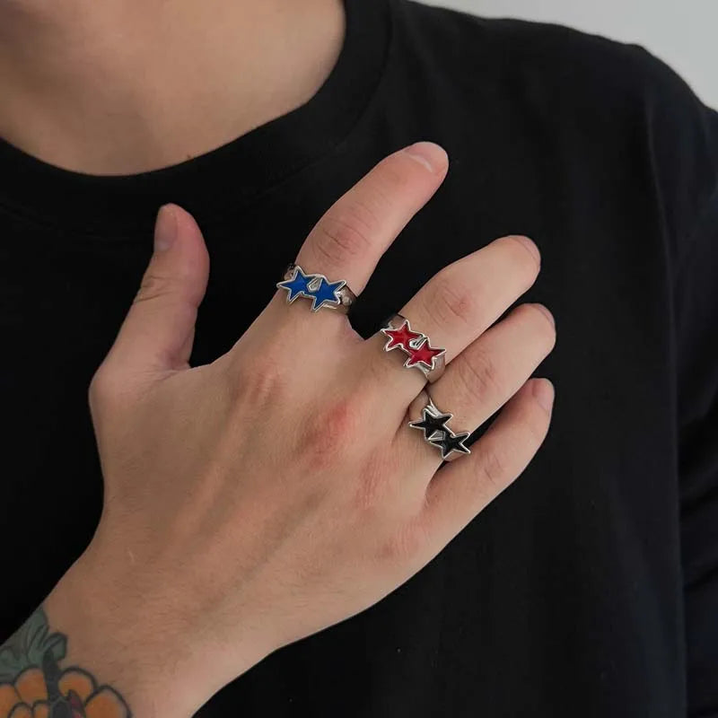 Vintage Black Drip Oil Pentagram Star Open Rings for Women Men Hip Hop Rock Metal Star Adjustable Couple Rings Jewelry