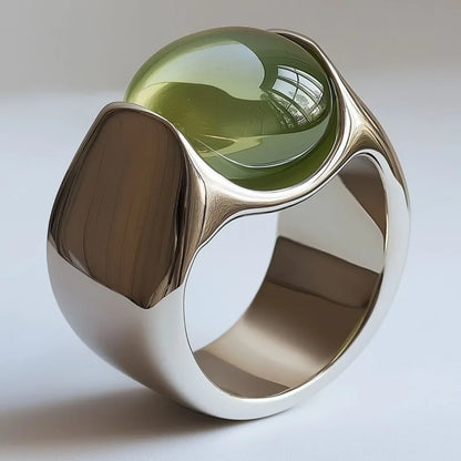 Trendy Inlaid Green Stone Women's Ring Aesthetic Silver Color Geometry Daily Wear Party Jewelry Anniversary Gift