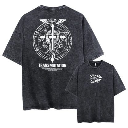Anime Fullmetal Alchemist Acid Tshirt Men Printed Retro Harajuku Style Fashion Streetwear Performance Short Sleeve Top Unisex