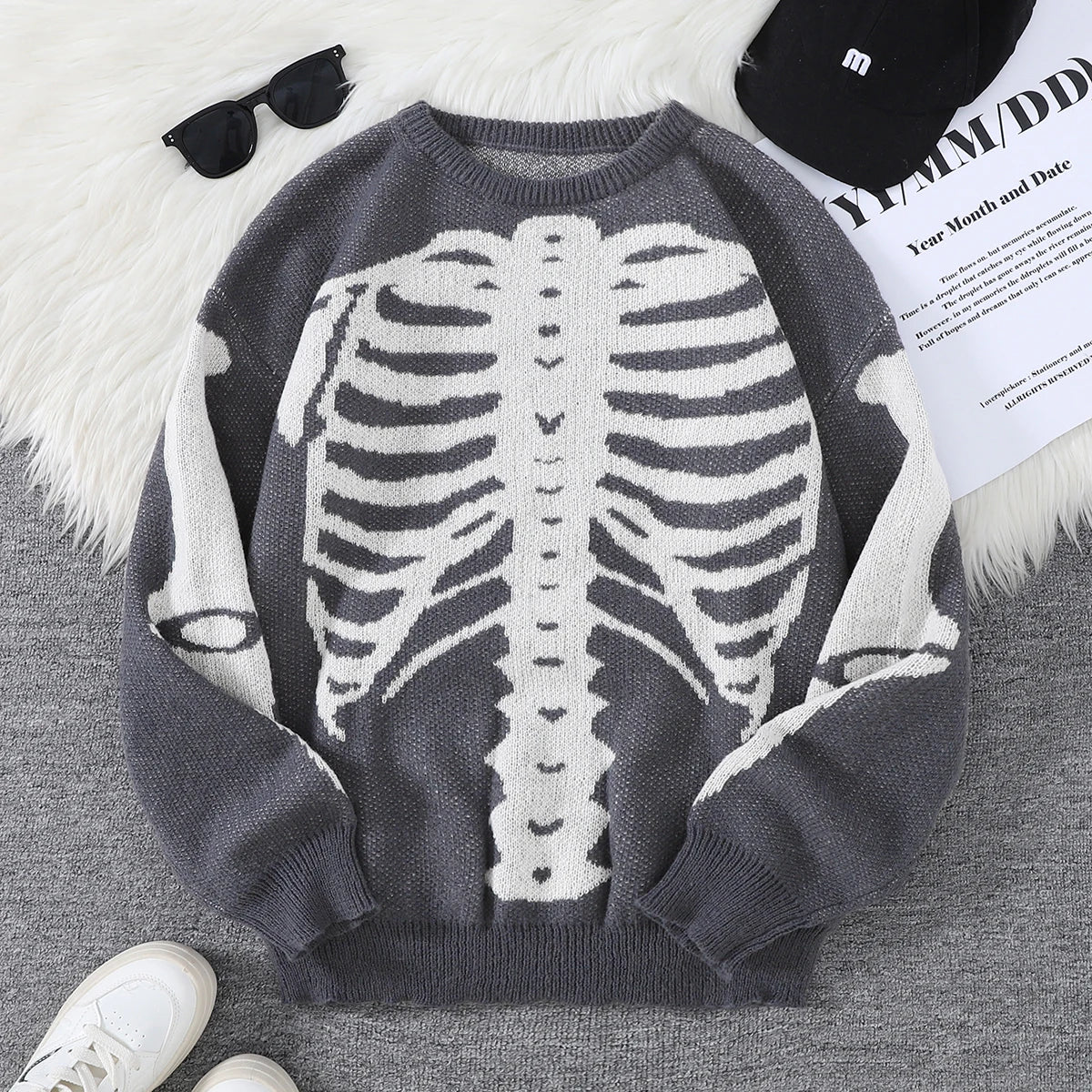 New Trendy Body Skeleton Jacquard Pattern Pullover Sweater Casual Round Neck Color-Blocking Knit Men's Pullover
