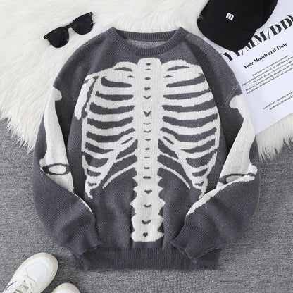 New Trendy Body Skeleton Jacquard Pattern Pullover Sweater Casual Round Neck Color-Blocking Knit Men's Pullover