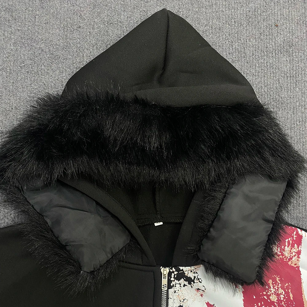 Retro Y2K Ins Fur Collar Printed Zipper Sweatshirt Long Sleeved Pullover Hoodie Street Trend Casual Retro Jacket