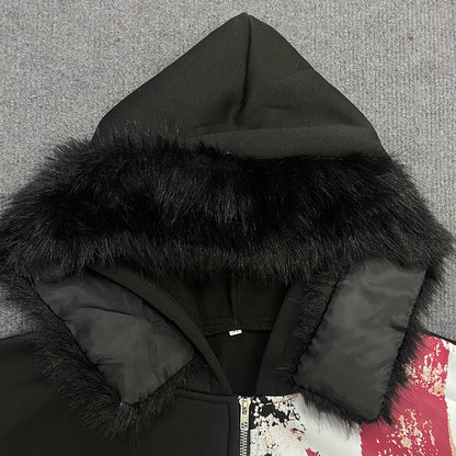 Retro Y2K Ins Fur Collar Printed Zipper Sweatshirt Long Sleeved Pullover Hoodie Street Trend Casual Retro Jacket