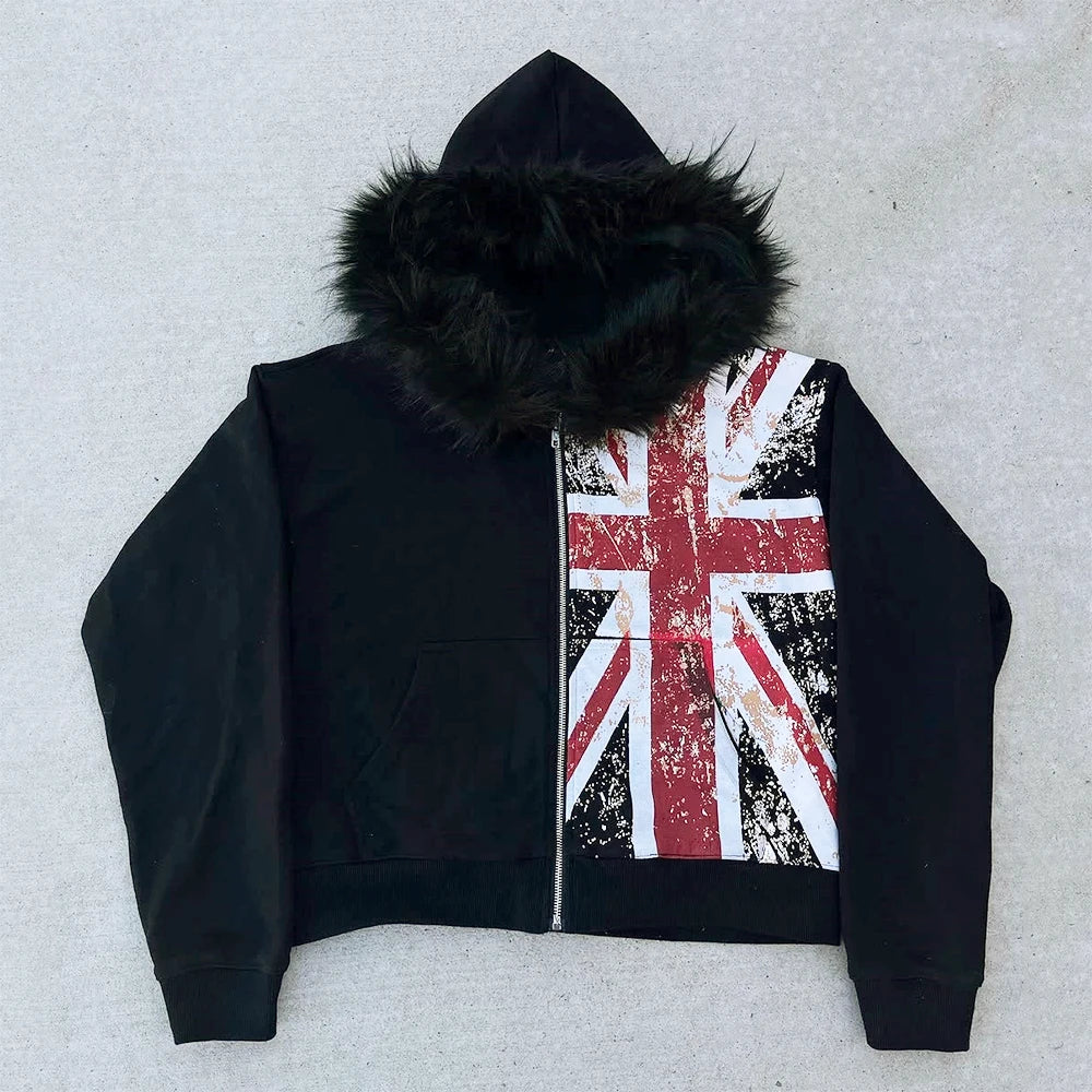 Retro Y2K Ins Fur Collar Printed Zipper Sweatshirt Long Sleeved Pullover Hoodie Street Trend Casual Retro Jacket