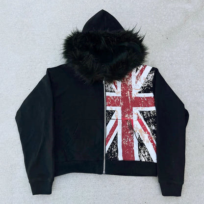 Retro Y2K Ins Fur Collar Printed Zipper Sweatshirt Long Sleeved Pullover Hoodie Street Trend Casual Retro Jacket