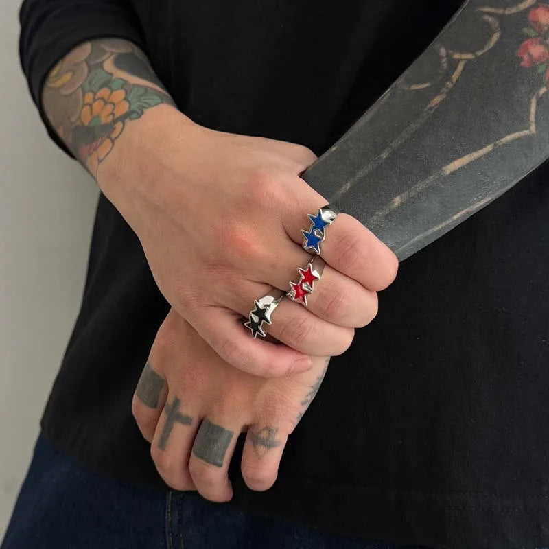 Vintage Black Drip Oil Pentagram Star Open Rings for Women Men Hip Hop Rock Metal Star Adjustable Couple Rings Jewelry