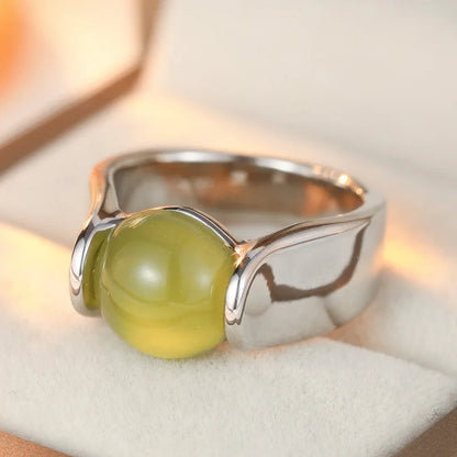 Trendy Inlaid Green Stone Women's Ring Aesthetic Silver Color Geometry Daily Wear Party Jewelry Anniversary Gift