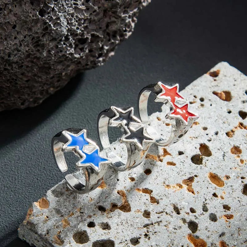 Vintage Black Drip Oil Pentagram Star Open Rings for Women Men Hip Hop Rock Metal Star Adjustable Couple Rings Jewelry