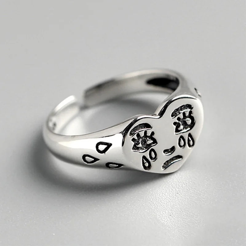 Retro Heart Shape Crying Face Ring For Men Women Silver Color Punk Gothic Open Ring Handmade Unisex Designer Jewelry Accessories