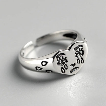 Retro Heart Shape Crying Face Ring For Men Women Silver Color Punk Gothic Open Ring Handmade Unisex Designer Jewelry Accessories