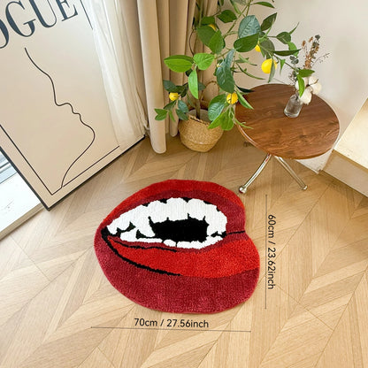 Red Lips Shaped Tufted Rug Aesthetic Vampire Teeth Print Soft Fluffy Non Slip Floor Flocking Mat for Bedroom Decor
