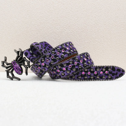 Leopard Print Rhinestone Belt, Large Spider Buckle Gothic Belt, Suitable for Jeans, 3.8cm Wide Y2K Punk Belt for Men and Women.