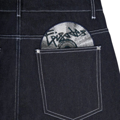 Y2K HipHop Chic Denim Jeans Trendy Disc Embroidered Pattern Retro Straight Leg Pants Casual Simple Streetwear Unisex Baggy Jeans