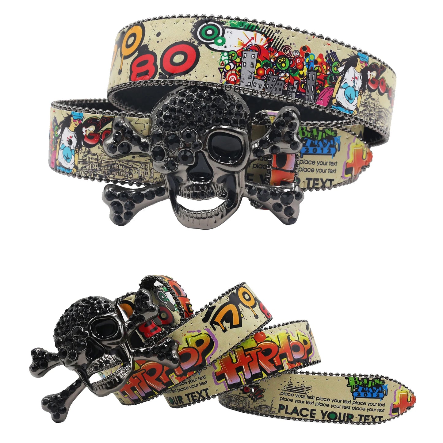 Big Skull Punk Black Rhinestone Belt Ladies Designer Belt Diamond Soldier Belt Western Cowboy Y2K Fashion Belt Hip Hop Graffiti