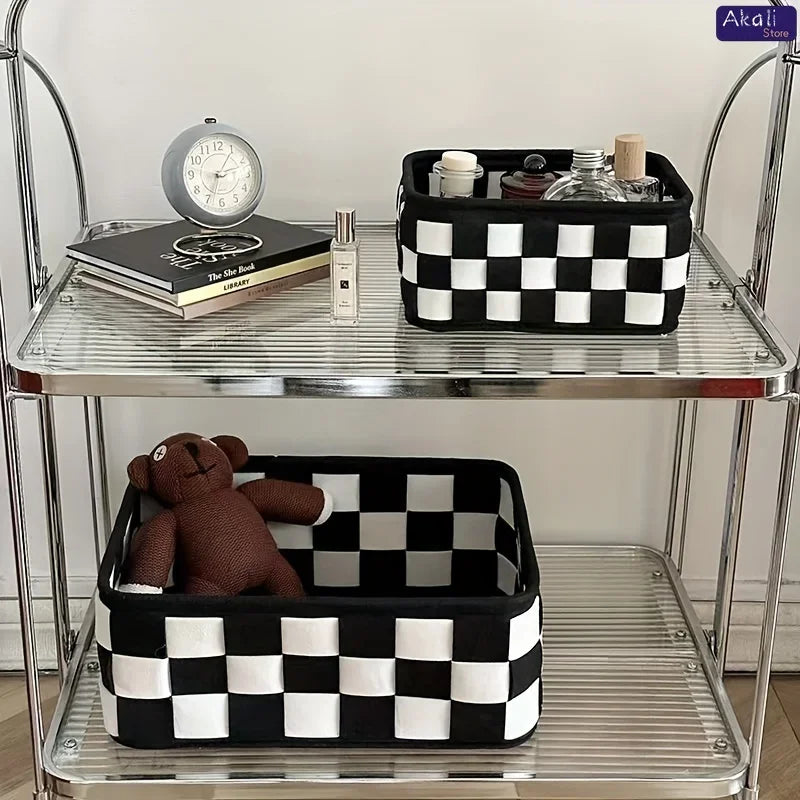 Black and White Checkered Storage Basket Desktop Cosmetics Storage Organizer Snack and Toy Storage Basket Home Decor