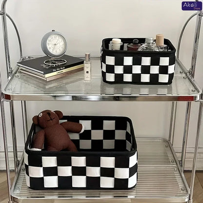 Black and White Checkered Storage Basket Desktop Cosmetics Storage Organizer Snack and Toy Storage Basket Home Decor