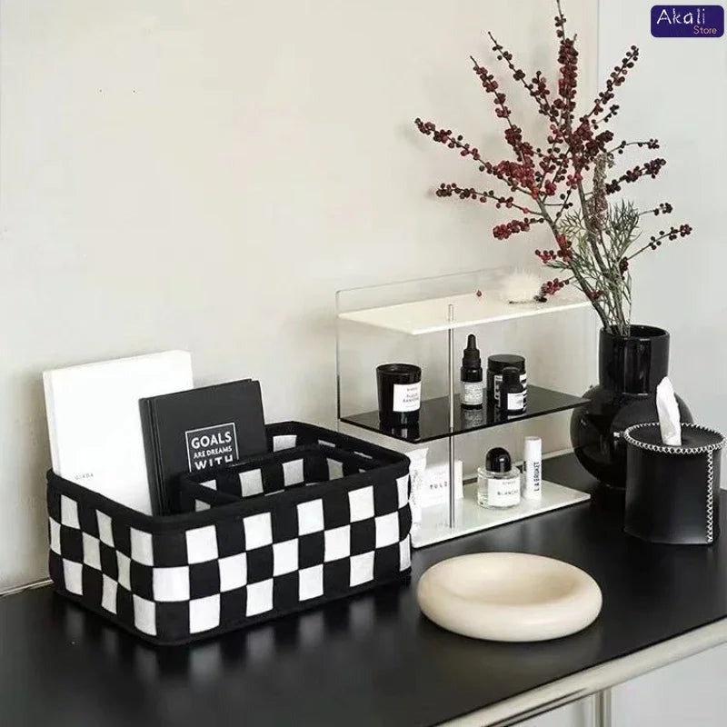 Black and White Checkered Storage Basket Desktop Cosmetics Storage Organizer Snack and Toy Storage Basket Home Decor