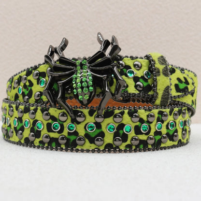 Leopard Print Rhinestone Belt, Large Spider Buckle Gothic Belt, Suitable for Jeans, 3.8cm Wide Y2K Punk Belt for Men and Women.
