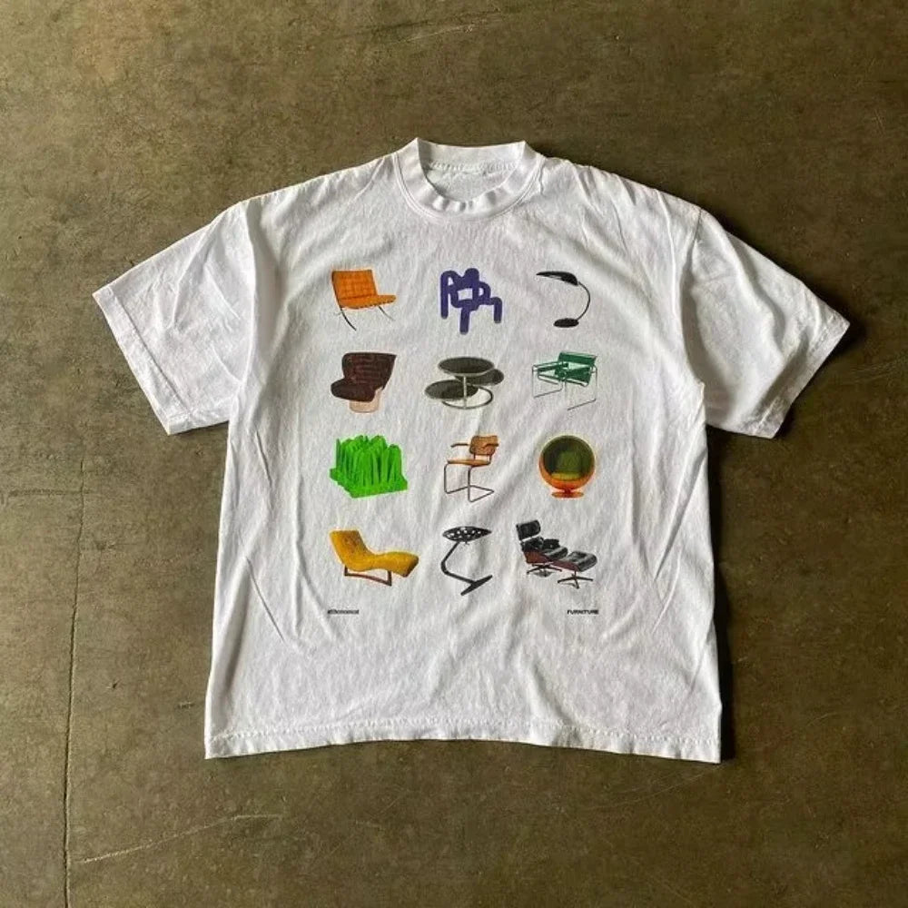 Y2k Large Kawaii T Shirt Men Women GothVintage Harajuku Classic Peach Blossom Print Casual Street Short Sleeve Round Neck Tshirt