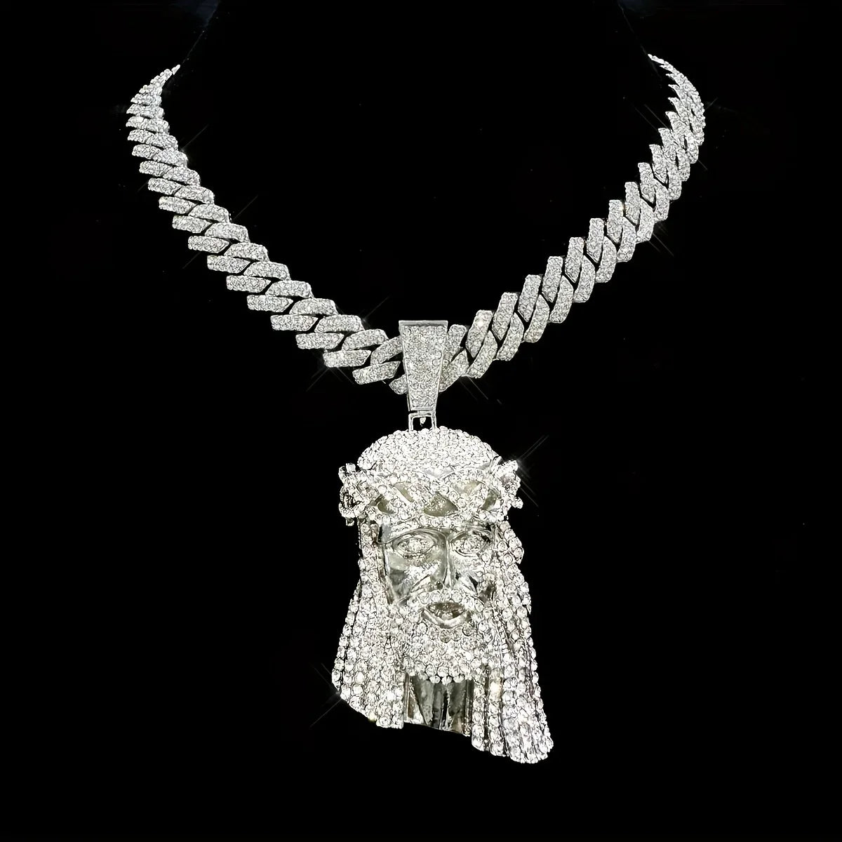 Stylish 3D Jesus Pendant Necklace - Hip Hop Inspired with Layered Cuban & Tennis Chains, Rhinestone Accents,Fashion Jewelry