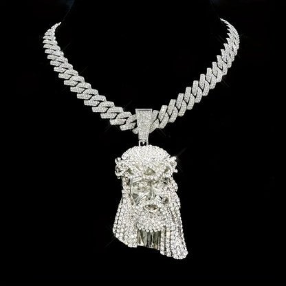 Stylish 3D Jesus Pendant Necklace - Hip Hop Inspired with Layered Cuban & Tennis Chains, Rhinestone Accents,Fashion Jewelry