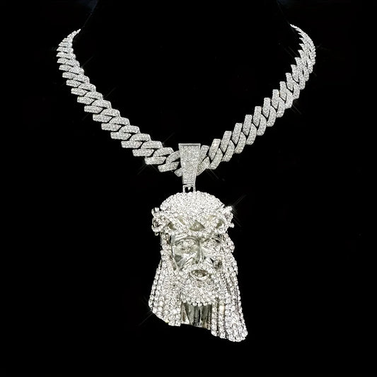 Silver & Gold Rhinestone Jesus Pendant Chain