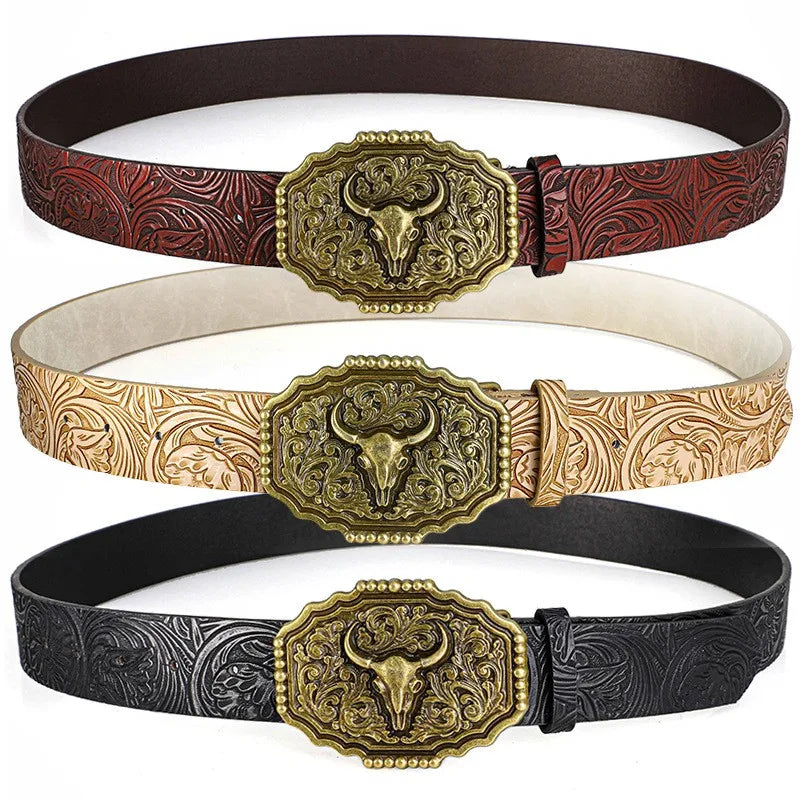 Western Bull Ox Head Leather Buckle Belt