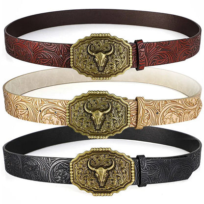 Western Bull Ox Head Leather Buckle Belt