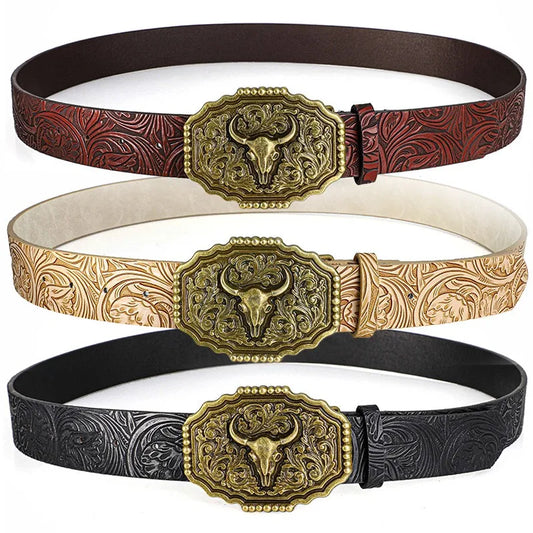 Western Bull Ox Head Leather Buckle Belt