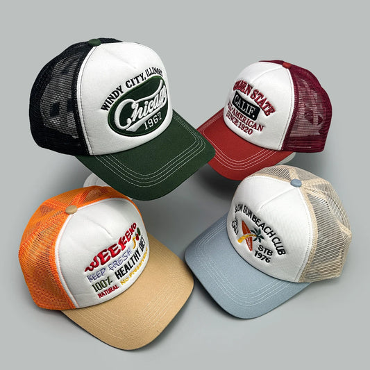 American Hip-hop Letter Embroidery Baseball Hats New Unisex Sunshade Color Block Breathable Street Versatile Mesh Trucker Caps