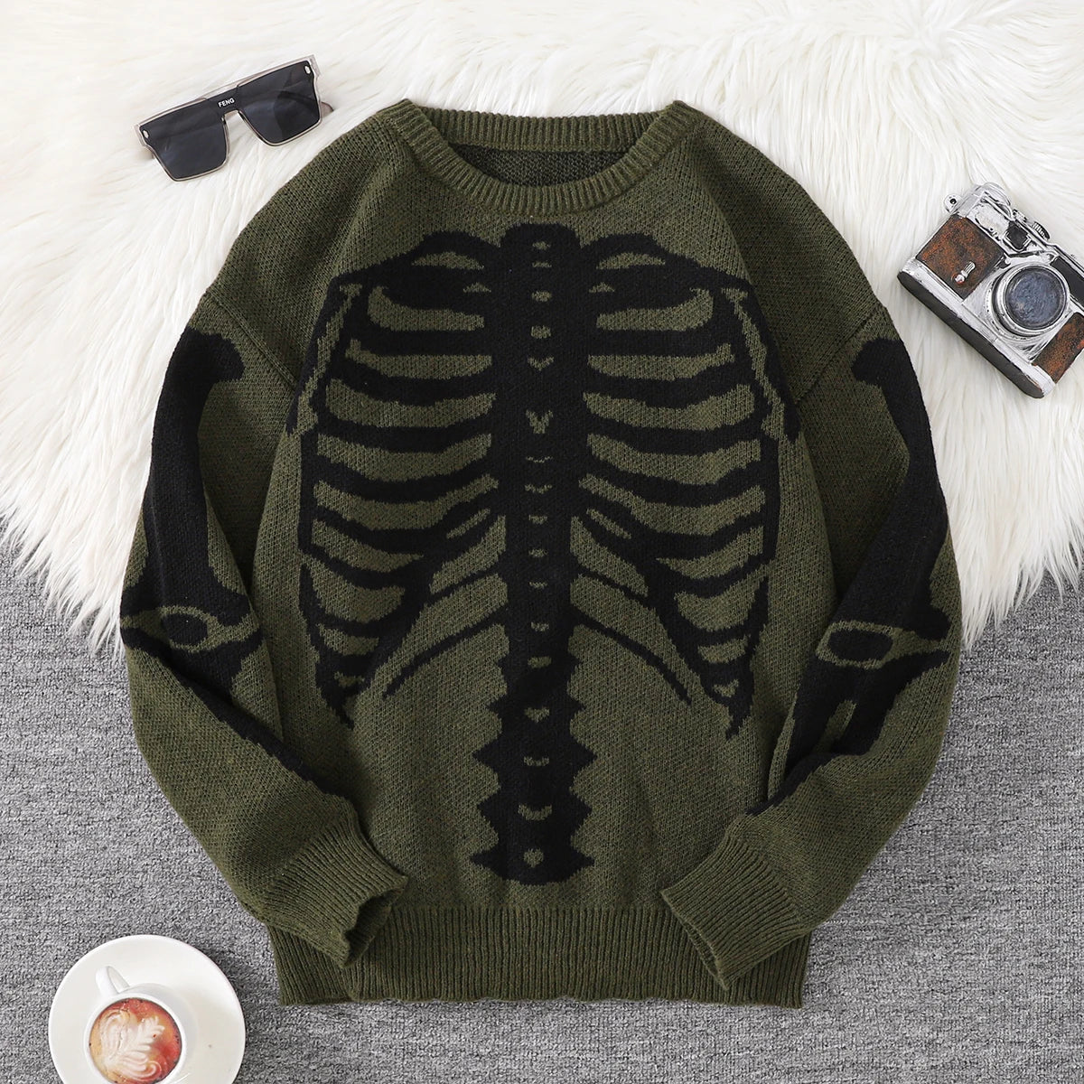 New Trendy Body Skeleton Jacquard Pattern Pullover Sweater Casual Round Neck Color-Blocking Knit Men's Pullover