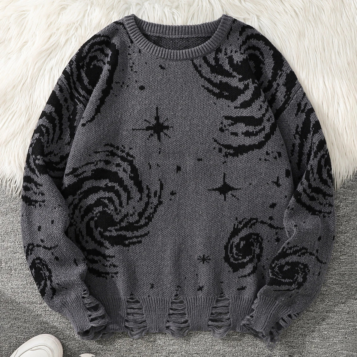New Trendy Street Style Ripped Abstract Starry Sky Pattern Pullover Ripped Sweater Casual Crew Neck Knitted Men's Pullover