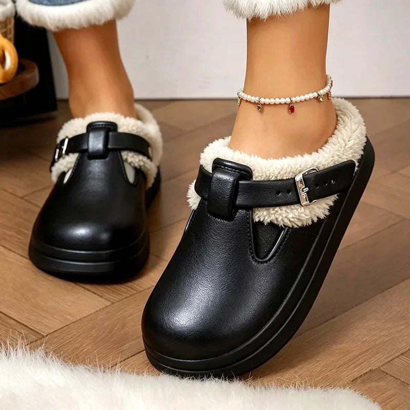 Waterproof Eva Furry Mules Slippers Women 2025 Winter Metal Buckle Warm Plush Slippers Soft Thick Bottom Non Slip Indoor Slides