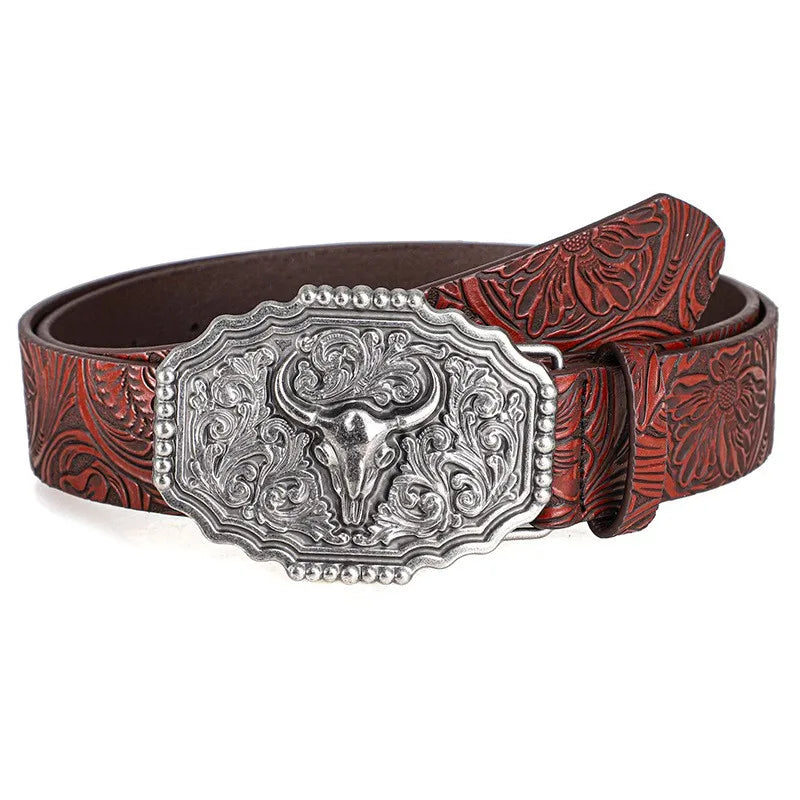 Western Bull Ox Head Leather Buckle Belt