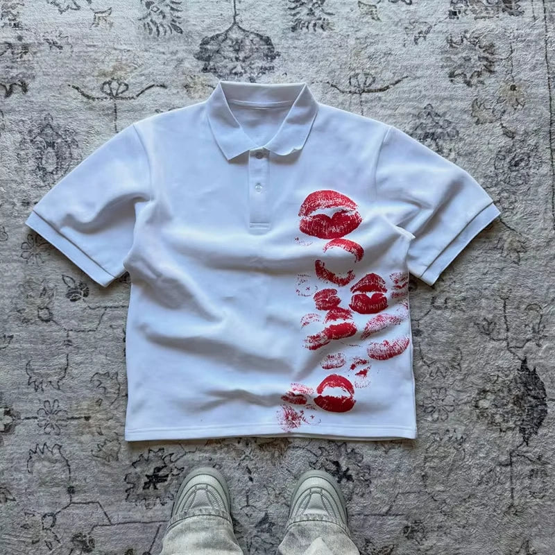 Y2K Polo Shirt Print Rock Goth Oversized T-shirt Hip Hop Button-down Collar Shirt Punk Casual Tee Minimalist and Fashionable