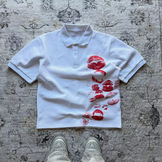 Y2K Polo Shirt Print Rock Goth Oversized T-shirt Hip Hop Button-down Collar Shirt Punk Casual Tee Minimalist and Fashionable