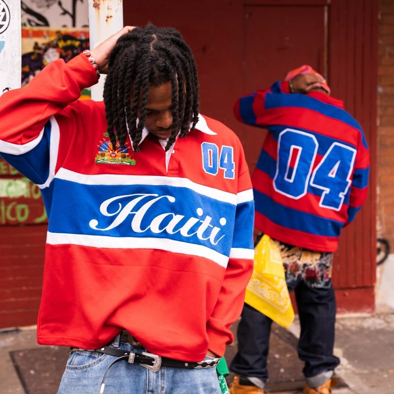 Mens Polo Vintage Shirt Long Sleeve Block Red Blue White Harajuku Unisex Casual Loose Fit Streetwear Preppy Sports Fashion Y2k