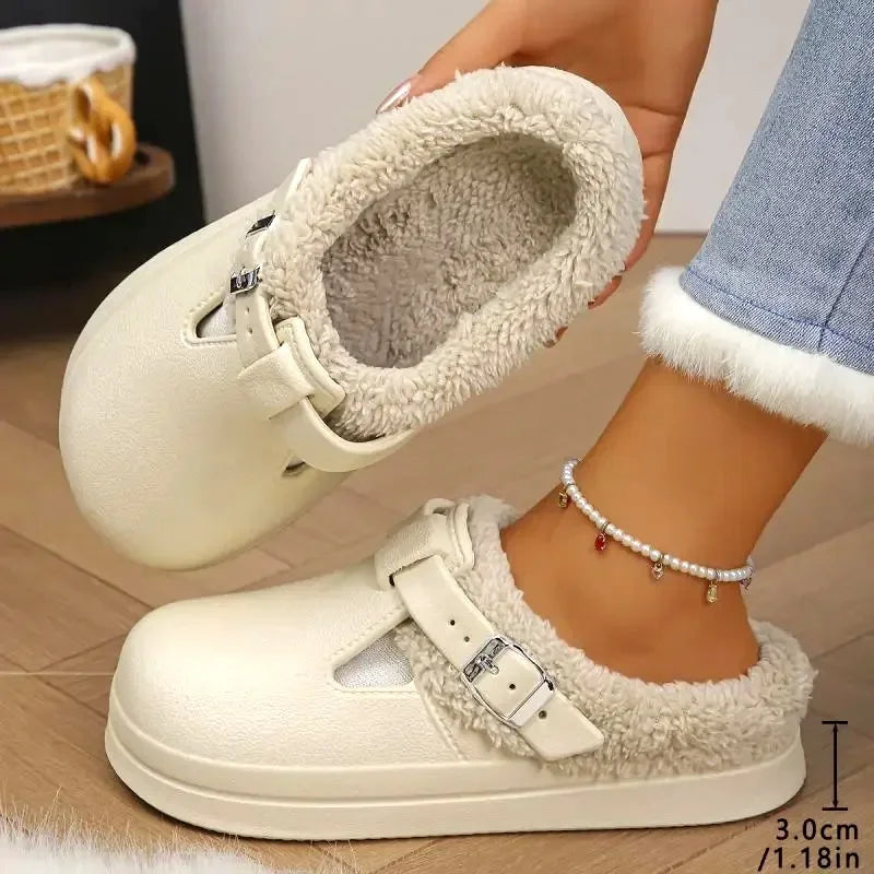 Waterproof Eva Furry Mules Slippers Women 2025 Winter Metal Buckle Warm Plush Slippers Soft Thick Bottom Non Slip Indoor Slides