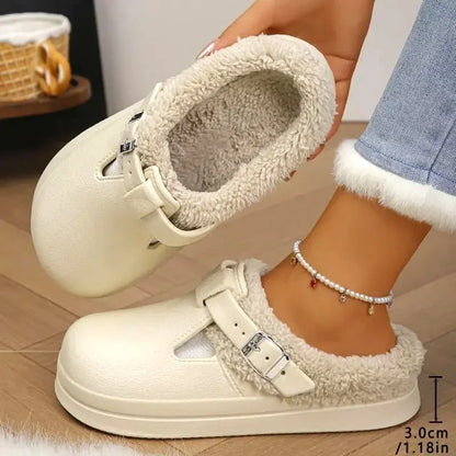 Waterproof Eva Furry Mules Slippers Women 2025 Winter Metal Buckle Warm Plush Slippers Soft Thick Bottom Non Slip Indoor Slides