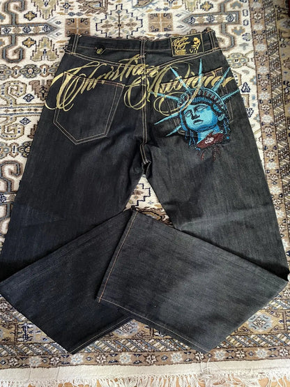 Y2k 2000s Statue of liberty Diamonds Jeans Casual Denim Pants High Waist Straight Wide Leg Jeans Harajuku Vintage Women Clothing