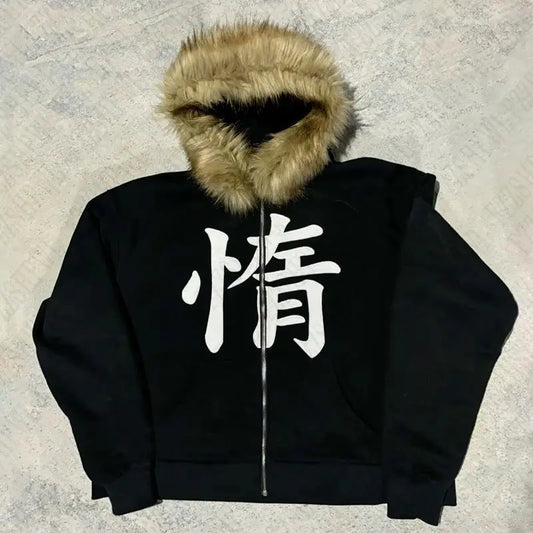 Y2k Kanji Print Fur Hood Zip Up Hoodie