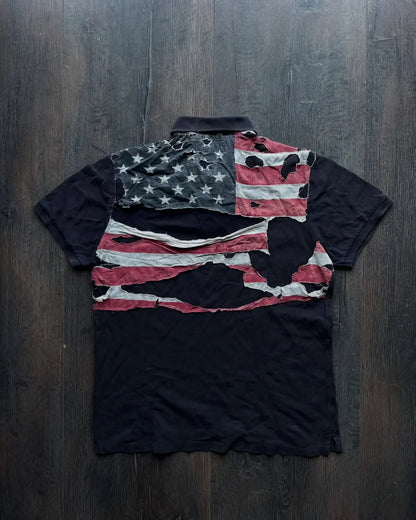 America Retro Flag Polo Shirt Streetwear Men Women Hip Hop Tear Patchwork Short Sleeve Shirt Y2k Cotton Top Baseball Clothing