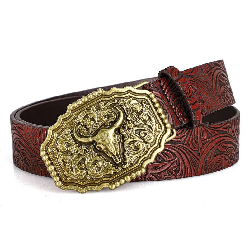 Western Bull Ox Head Leather Buckle Belt