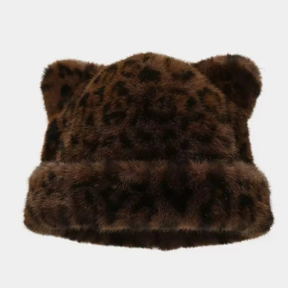 Leopard Print Plush Teddy Bear Hat for Women, Sweet and Cute, Thick and Warm, Retro and Versatile, Hooded Beanie.