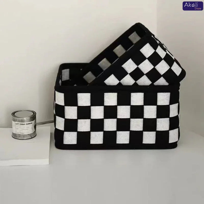 Black and White Checkered Storage Basket Desktop Cosmetics Storage Organizer Snack and Toy Storage Basket Home Decor