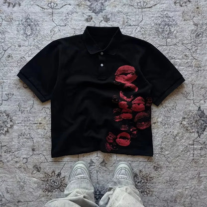 Y2K Polo Shirt Print Rock Goth Oversized T-shirt Hip Hop Button-down Collar Shirt Punk Casual Tee Minimalist and Fashionable