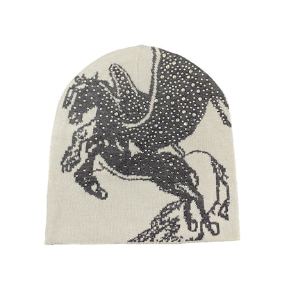 Y2k Diamond Studded Pegasus Horse Design Beanie
