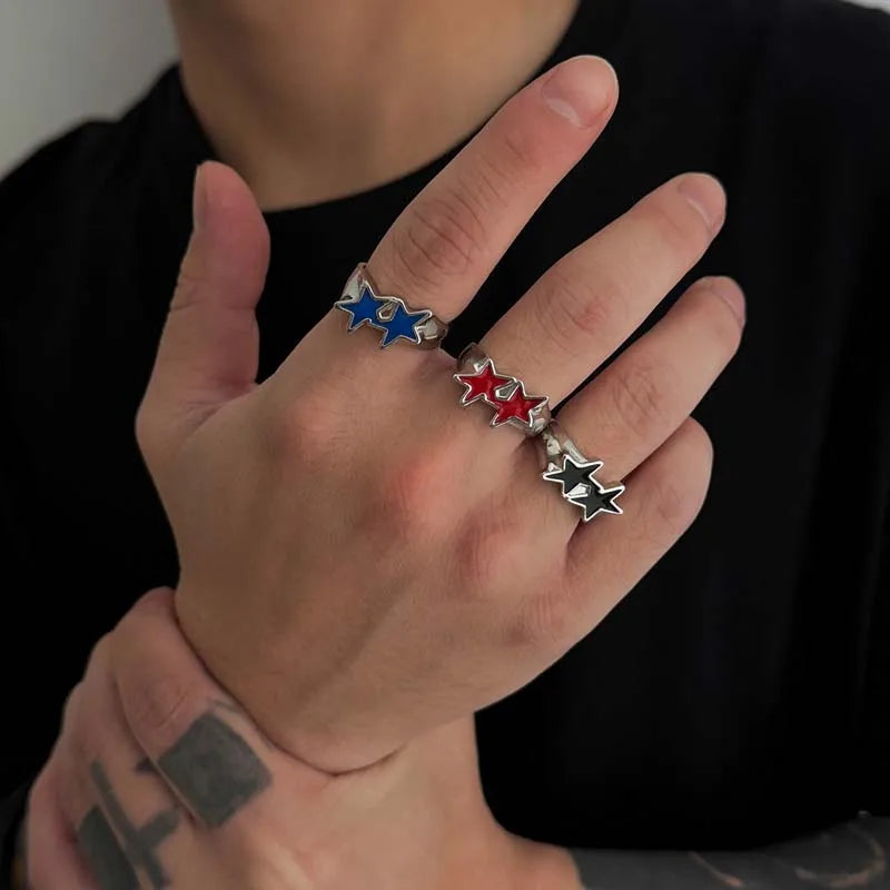 Vintage Black Drip Oil Pentagram Star Open Rings for Women Men Hip Hop Rock Metal Star Adjustable Couple Rings Jewelry