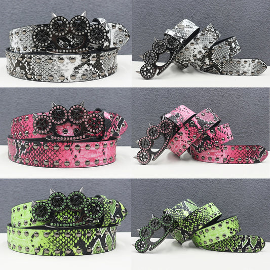 Y2k Rhinestone Cat Paw Buckle Snakeskin Belt