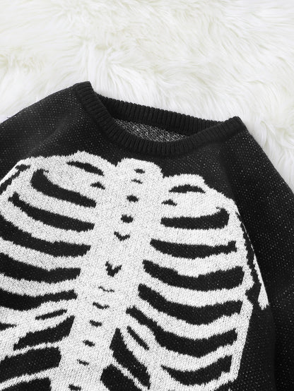 New Trendy Body Skeleton Jacquard Pattern Pullover Sweater Casual Round Neck Color-Blocking Knit Men's Pullover
